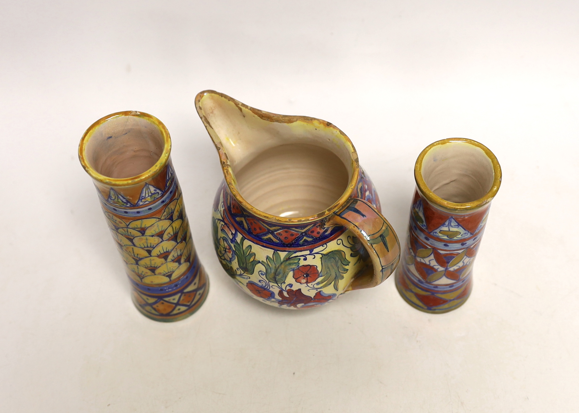 Three pieces of Alfredo Santarelli lustre maiolica, tallest 16cm